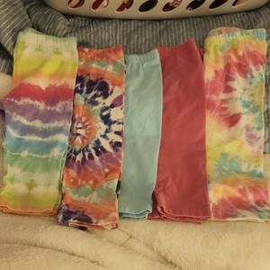 Sz 4 Tcp Girls Tie-Dye & Solid Capri Leggings Lot- Rainbow, Blue, Pink 5 Prs